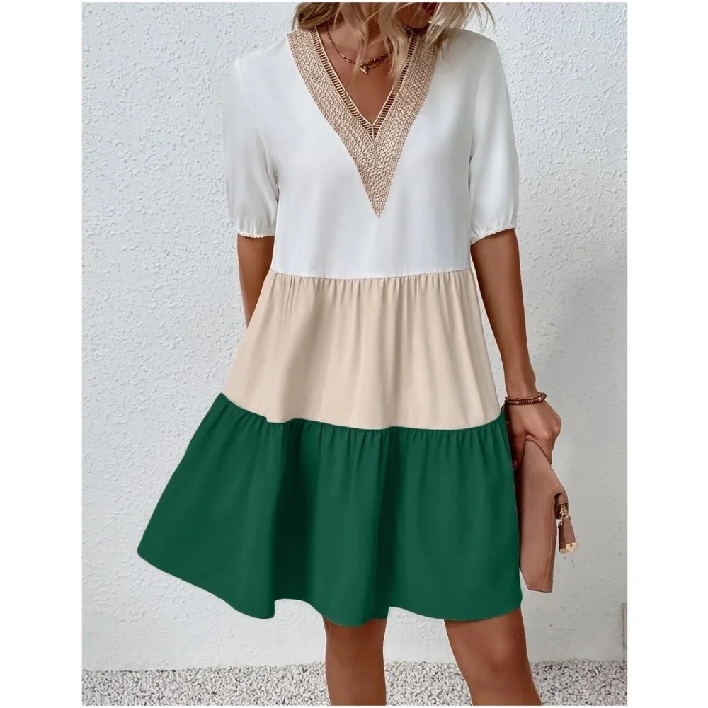 Boho Color Block Lace Oversized Mini Dress - Picture 3 of 13